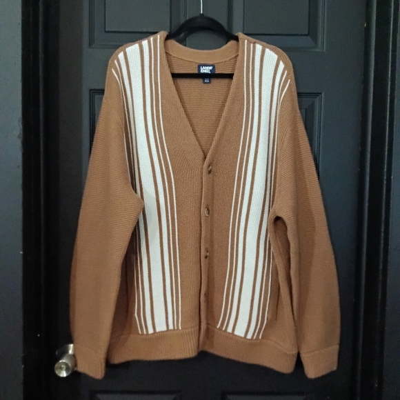 Lands' End Men's XL Warm Tawny Brown LS Vertical Stripe Cotton Blend Cardigan - Picture 4 of 16